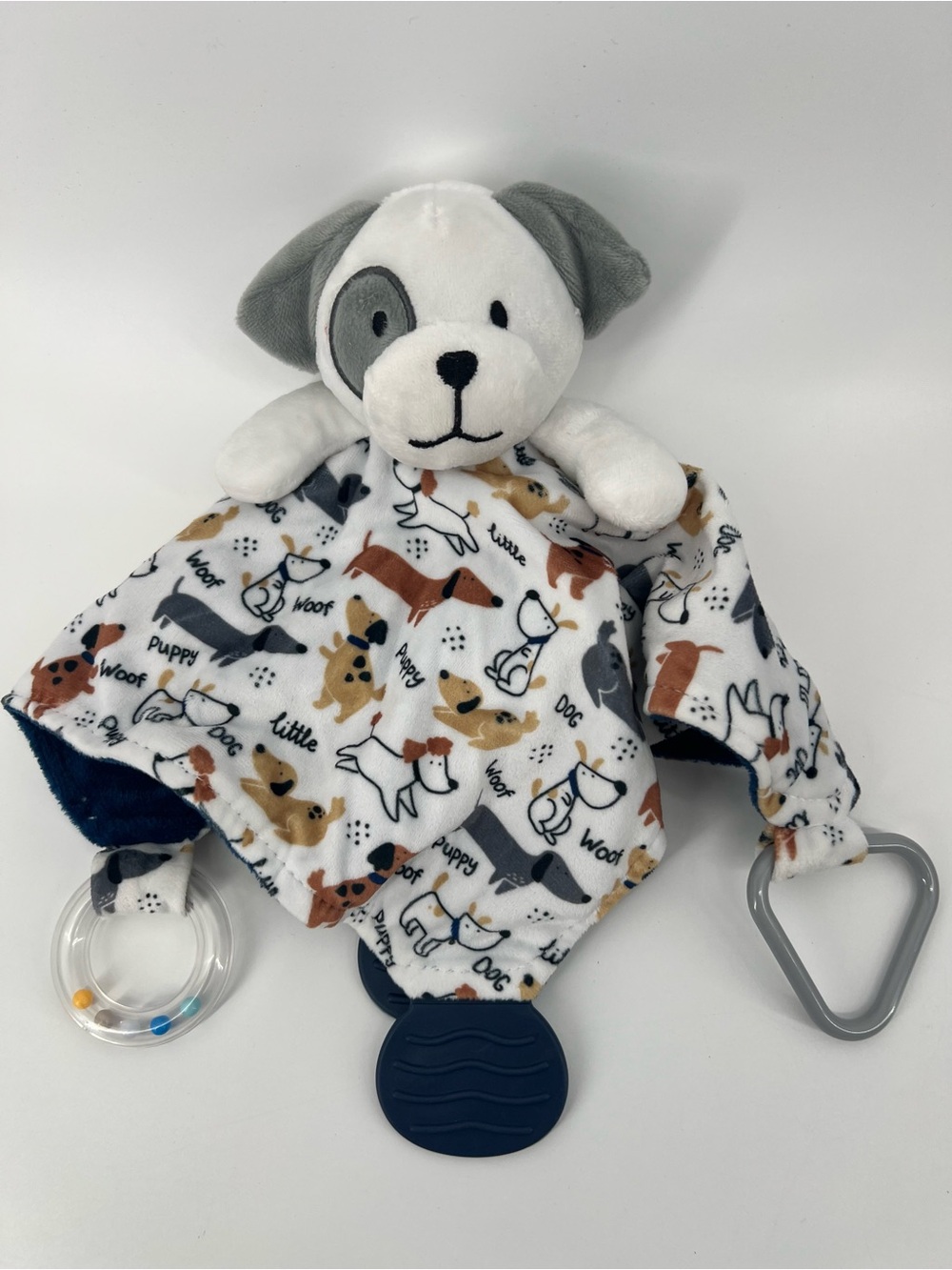 Modern Baby Puppy Dog Security Blanket Rattle Teether White Gray Plush Lovey